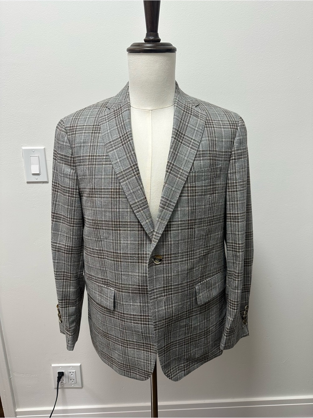 Samuelsohn 40S Gray Glen Plaid Sport Coat Tallia Di Delfino Wool Silk Linen